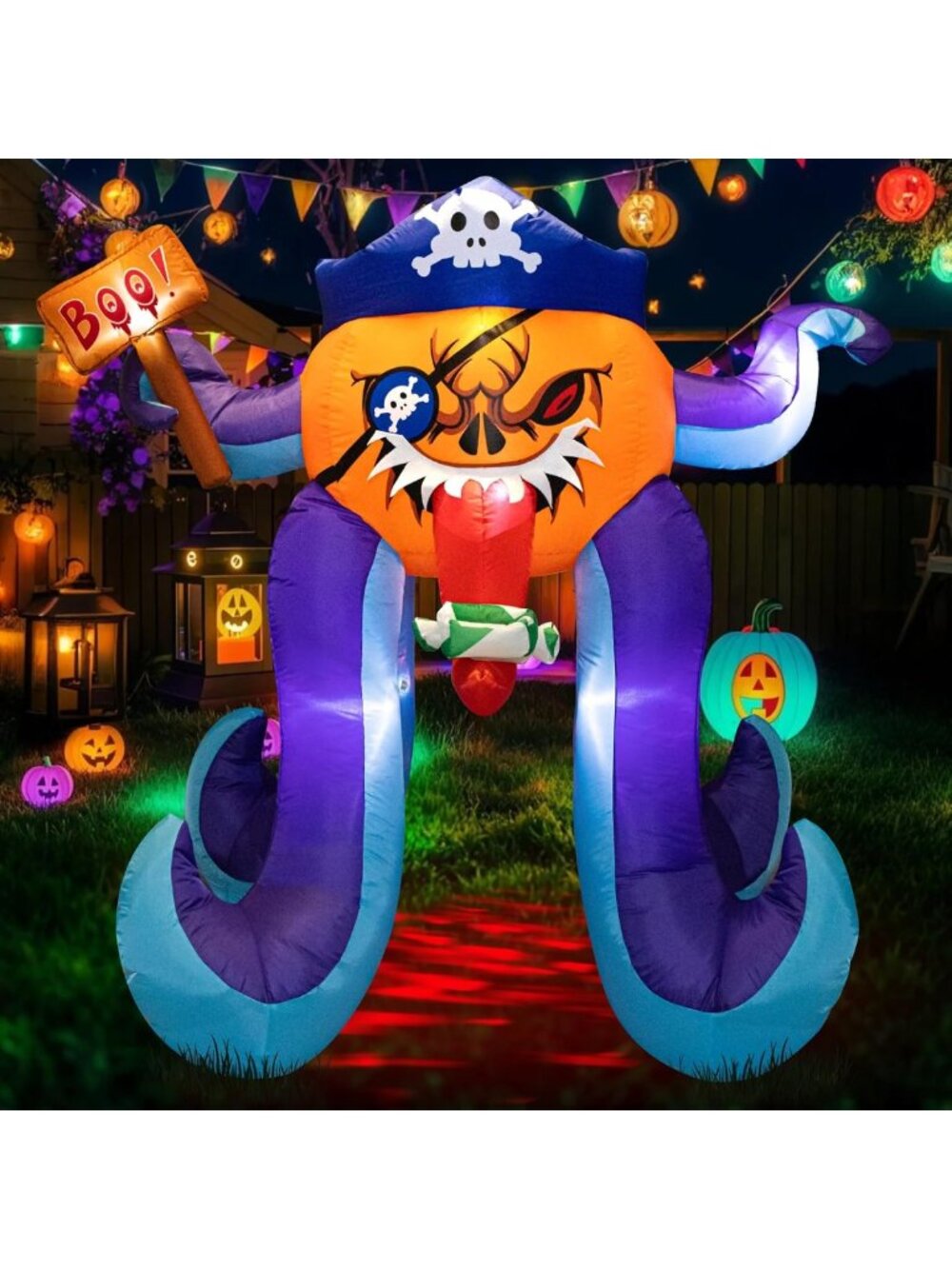 Giant 5.5 FT Halloween Inflatable Pumpkin Octopus - Scary Yard Decor with LED